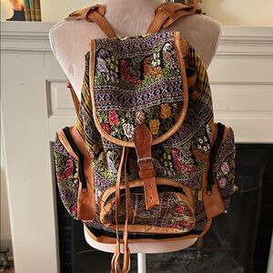 Leather and Embroidered Bohemian style backpack.